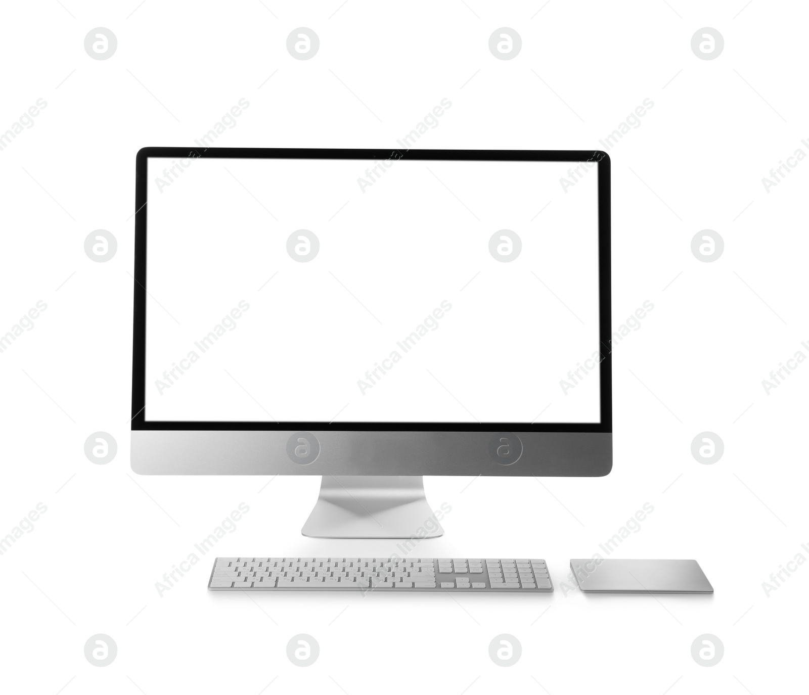 Photo of Modern computer with blank monitor screen and peripherals on white background