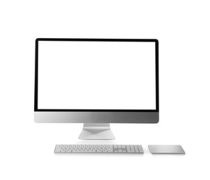 Photo of Modern computer with blank monitor screen and peripherals on white background