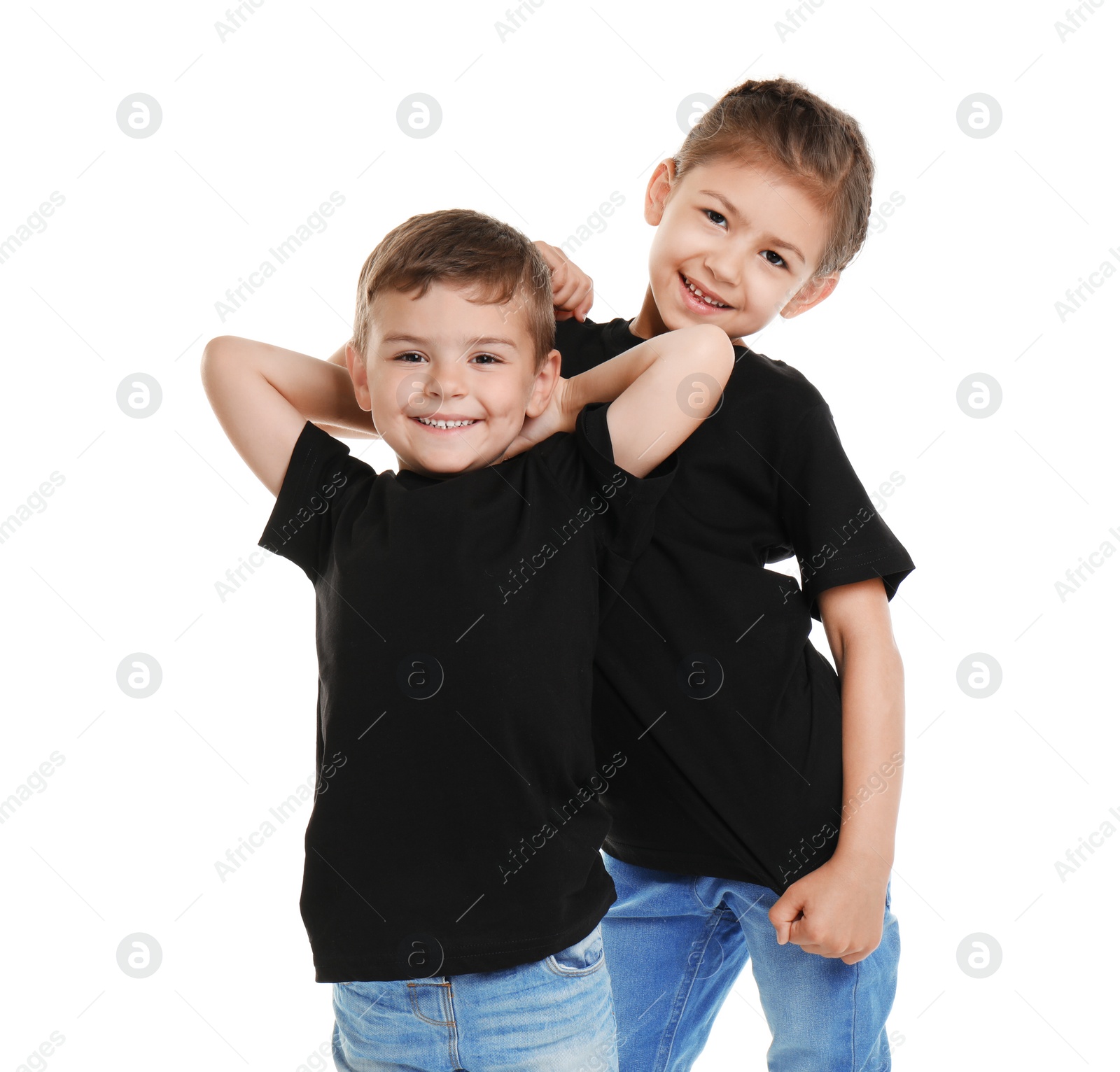 Photo of Little kids in t-shirts on white background. Mockup for design