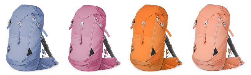 Image of Different hiking backpacks on white background, collage. Banner design