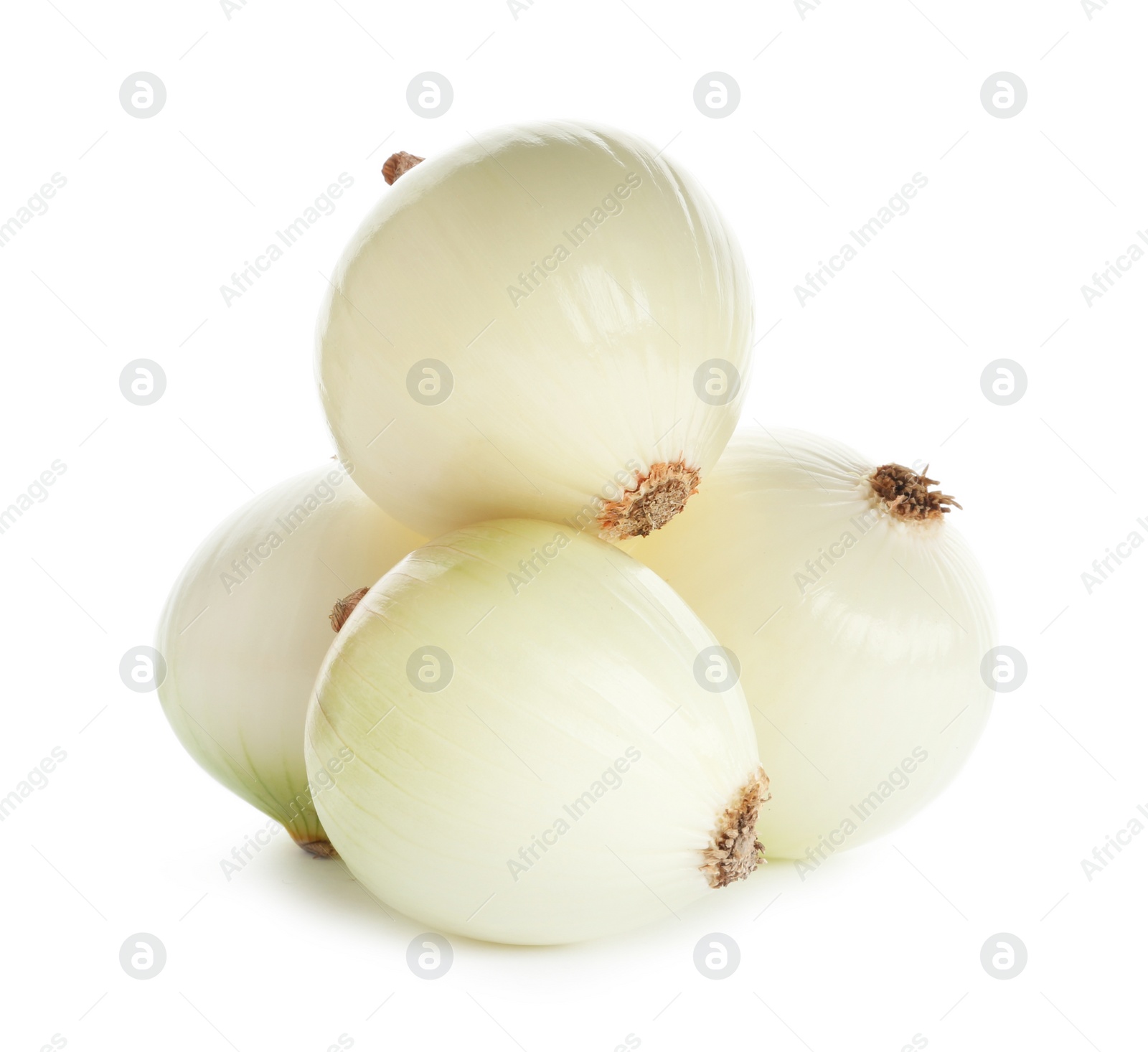 Photo of Fresh peeled onion bulbs on white background