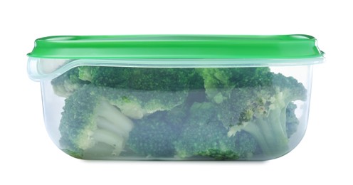 Photo of Fresh broccoli in plastic container isolated on white