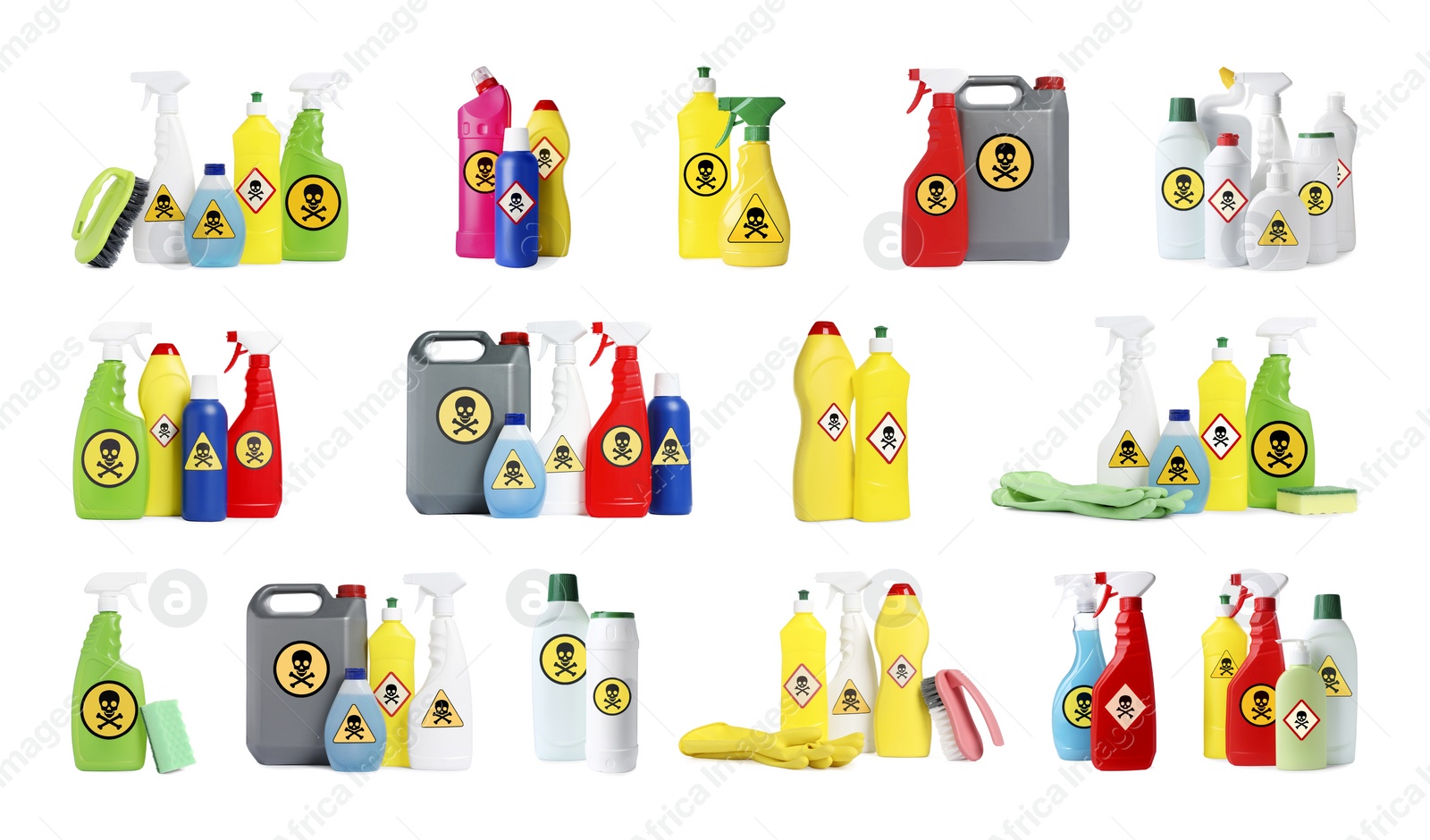 Image of Set with different toxic household chemicals with warning signs on white background