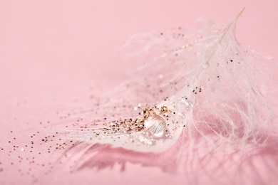 Photo of Closeup view of beautiful feather with dew drops and glitter on pink background