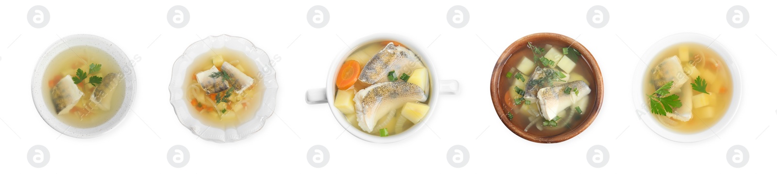 Image of Set of delicious fish soup in bowls on white background, top view. Banner design