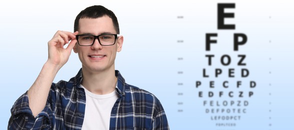 Image of Vision test. Young man in glasses and eye chart on gradient background. Banner design