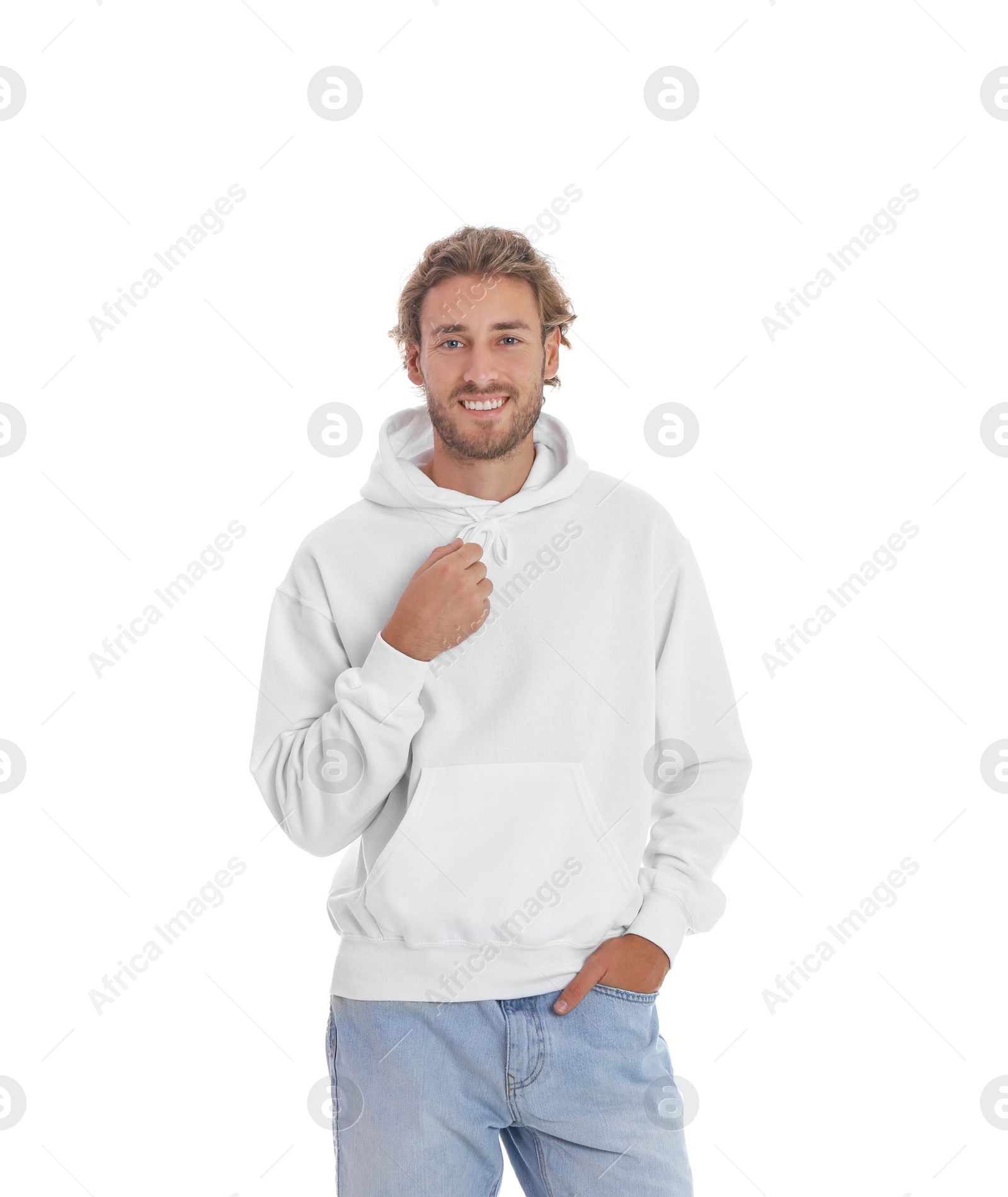 Photo of Portrait of man in hoodie sweater on white background. Space for design