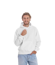 Portrait of man in hoodie sweater on white background. Space for design