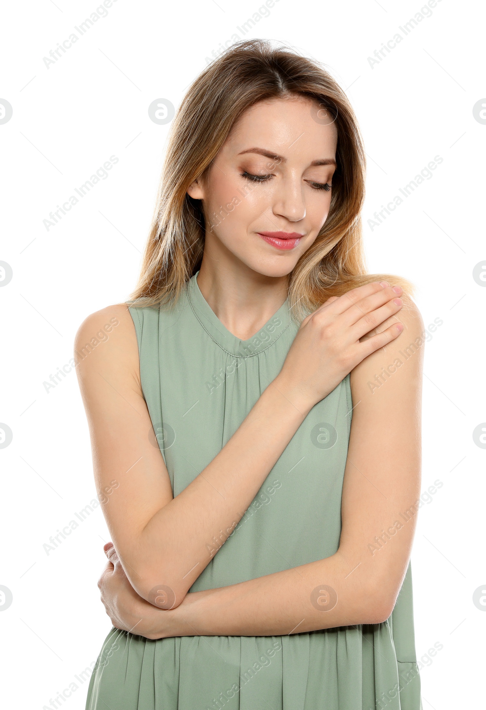 Photo of Portrait of young woman with beautiful face on white background