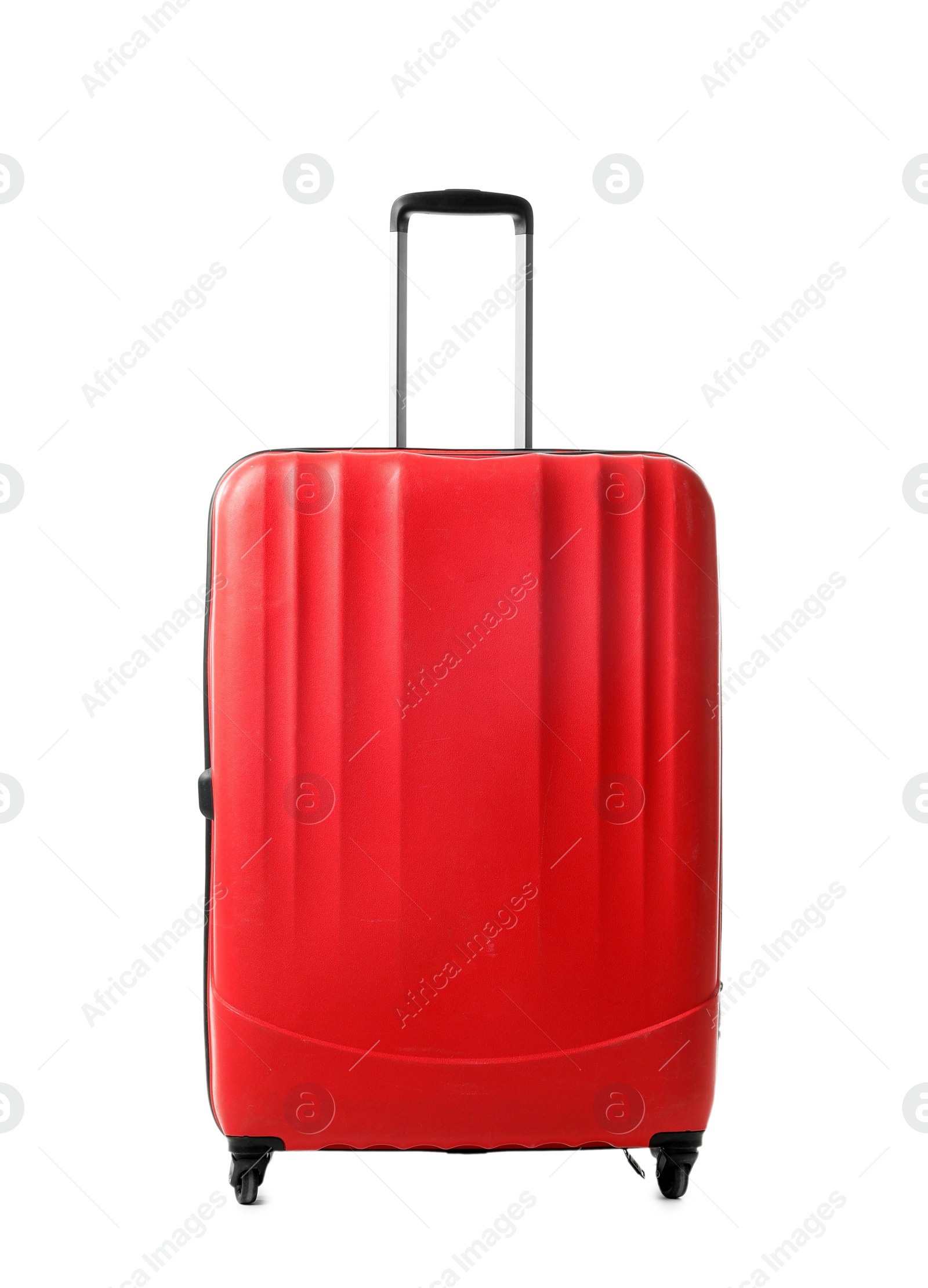 Photo of Bright red suitcase packed for journey on white background