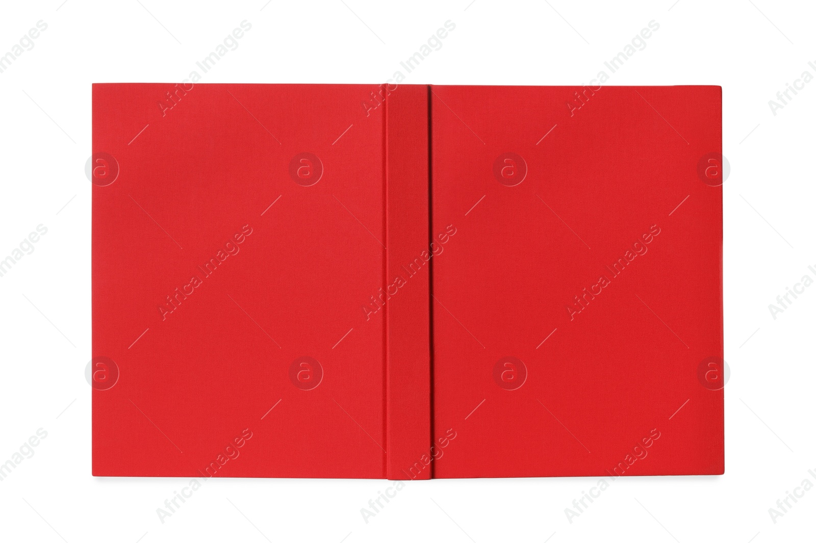 Photo of Open book with red cover on white background