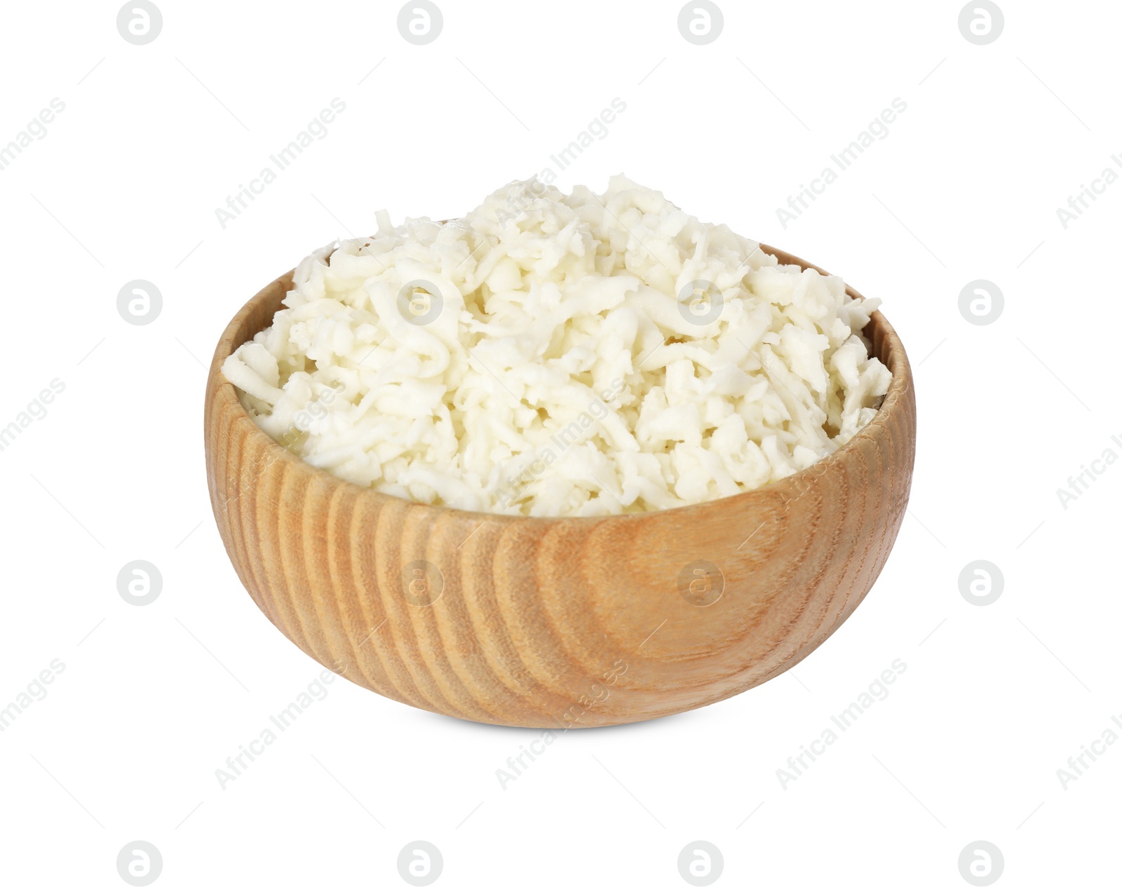 Photo of Wooden bowl with delicious mozzarella cheese on white background