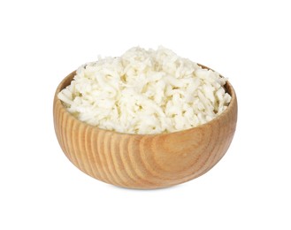 Wooden bowl with delicious mozzarella cheese on white background