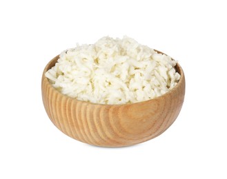 Photo of Wooden bowl with delicious mozzarella cheese on white background