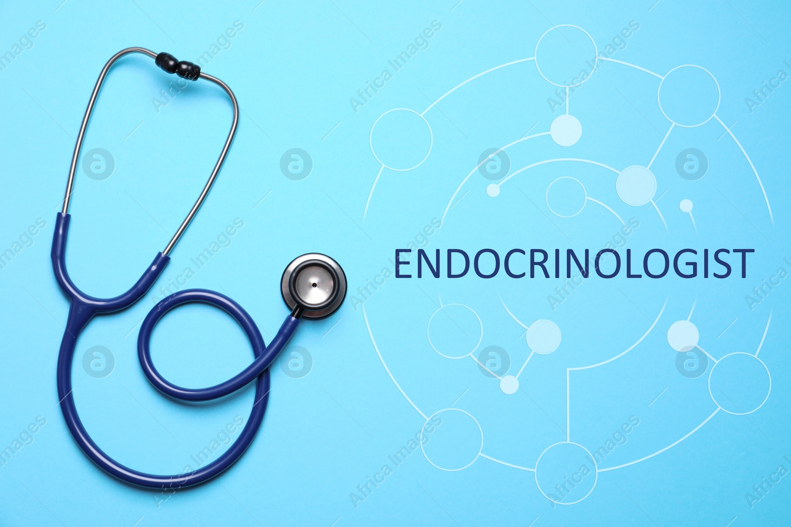 Image of Endocrinologist. Stethoscope and scheme on light blue background, top view