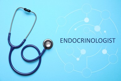 Endocrinologist. Stethoscope and scheme on light blue background, top view