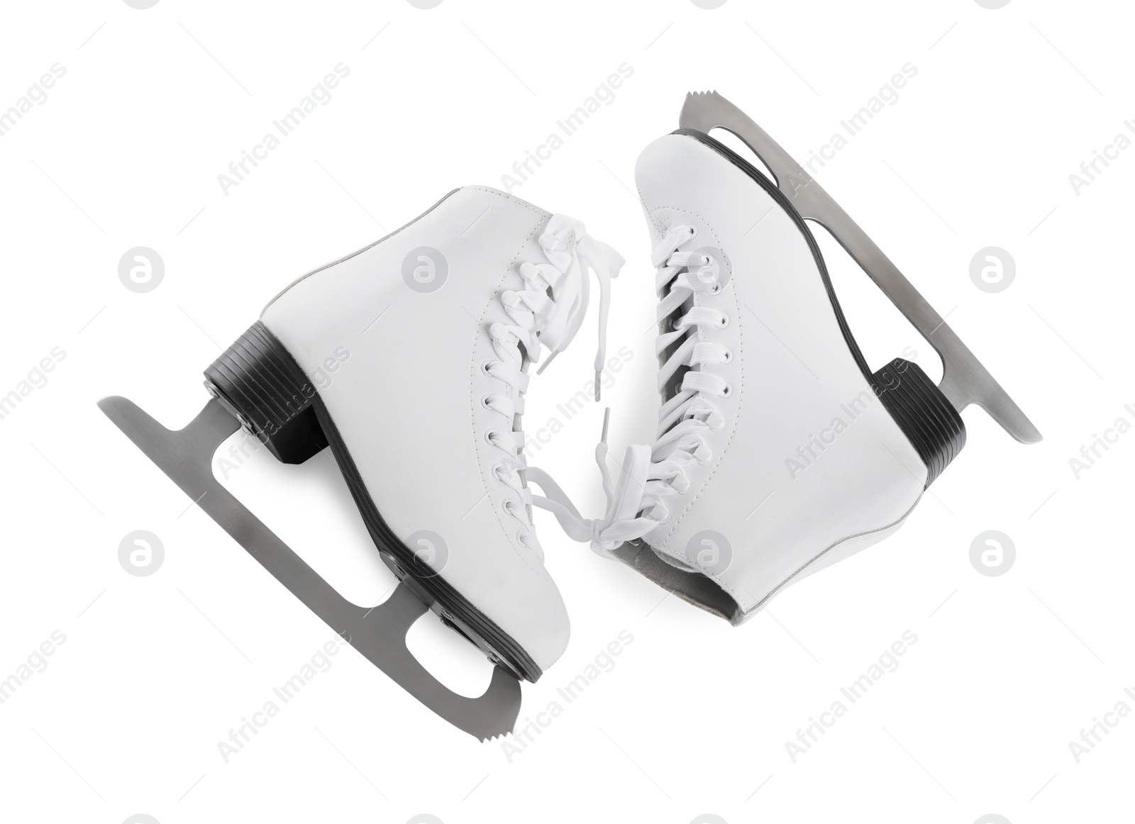 Photo of Pair of ice skates isolated on white, above view