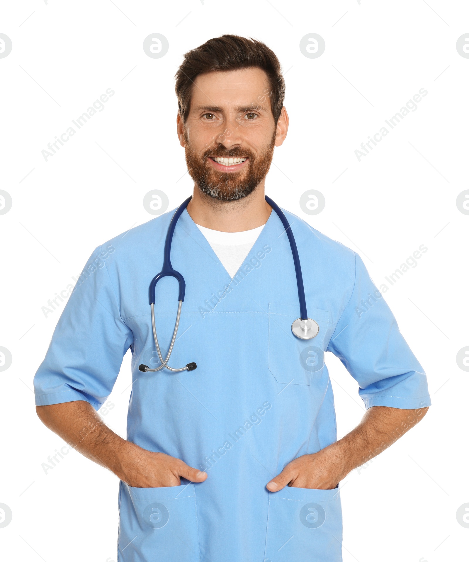 Photo of Portrait of doctor in scrubs on white background
