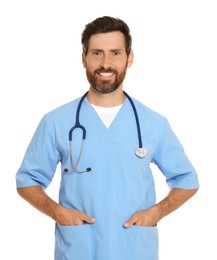 Portrait of doctor in scrubs on white background