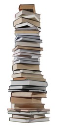 Photo of High stack of many different books isolated on white