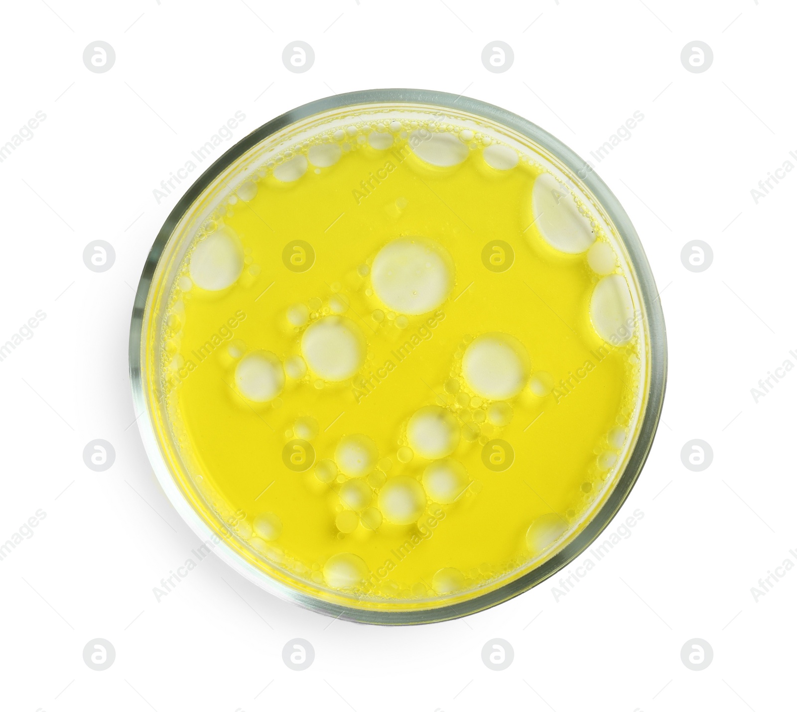 Photo of Petri dish with yellow liquid sample on white background, top view