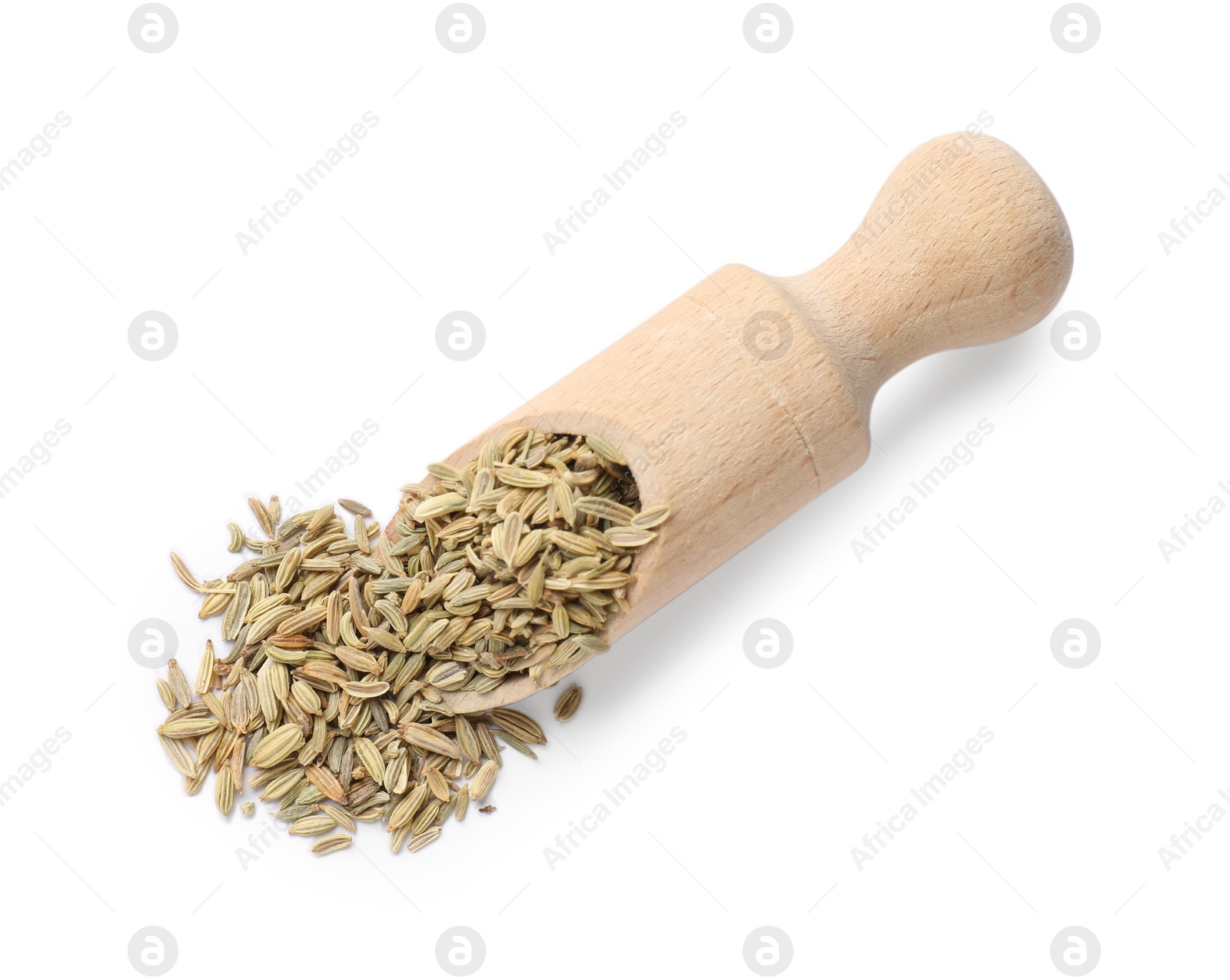 Photo of Scoop with dry fennel seeds isolated on white, top view