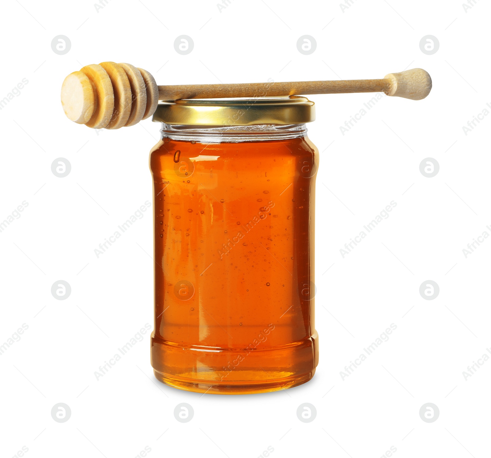 Photo of Tasty natural honey in glass jar and dipper isolated on white