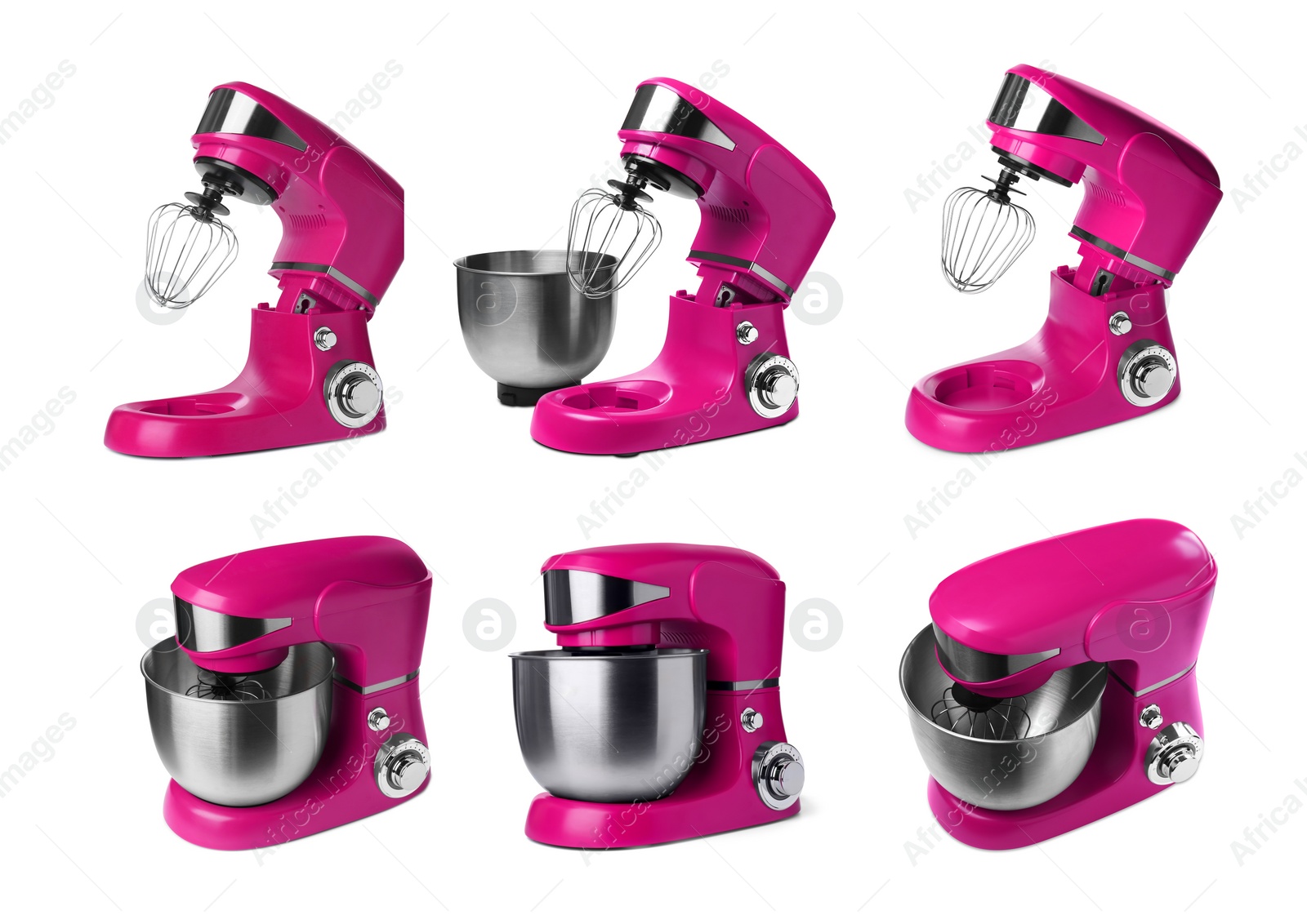 Image of Pink stand mixers isolated on white, set