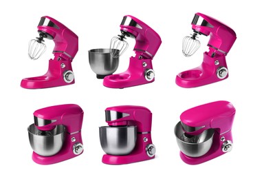 Image of Pink stand mixers isolated on white, set