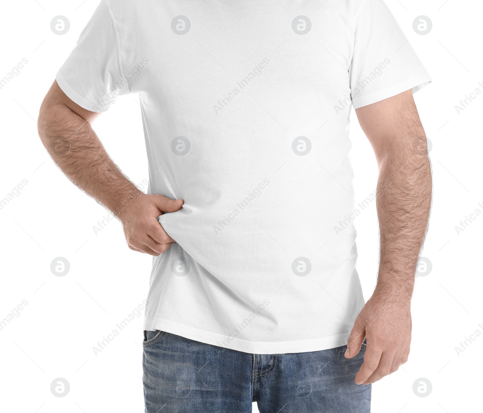 Photo of Overweight man with large belly isolated on white, closeup