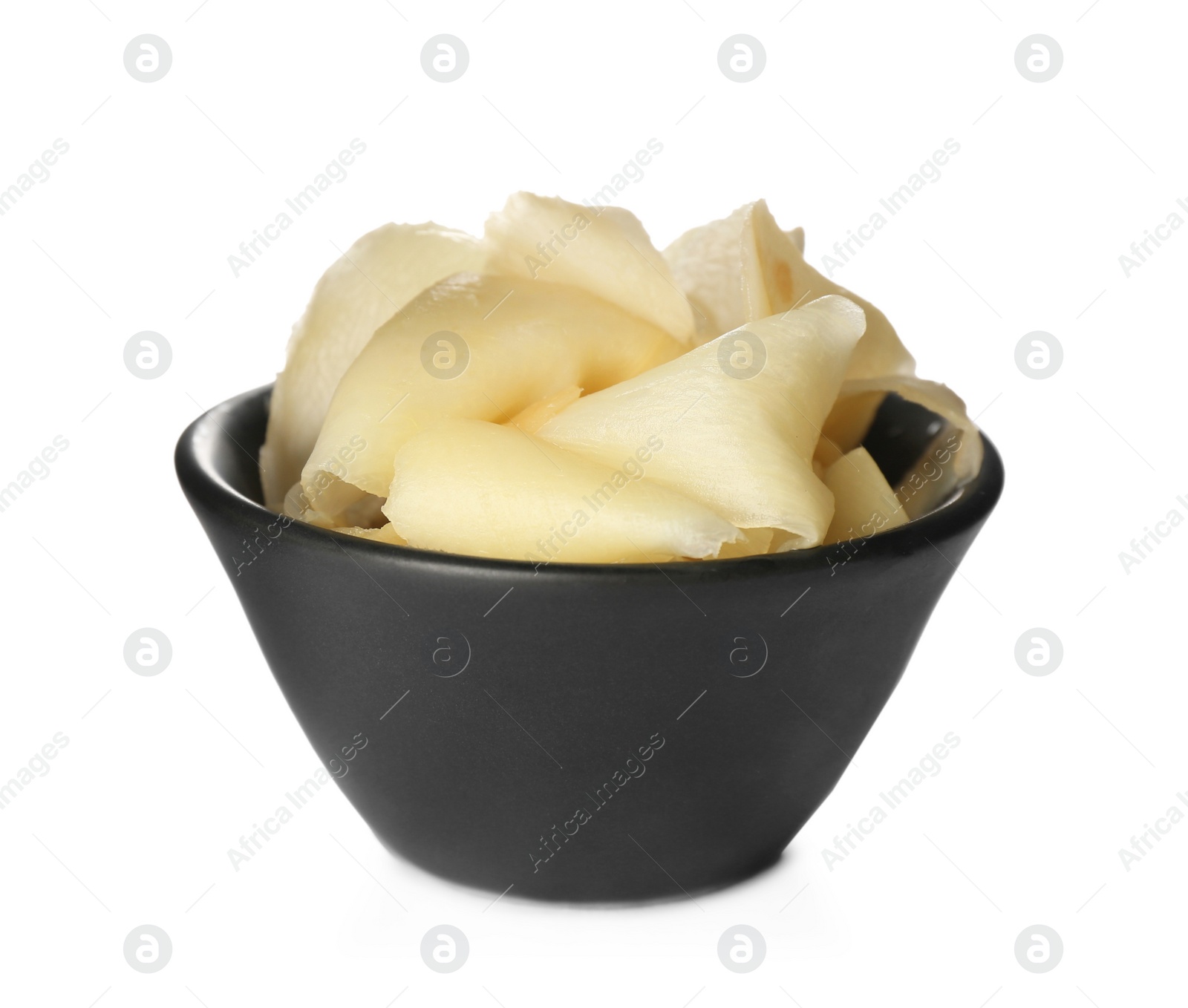 Photo of Pickled ginger in bowl isolated on white