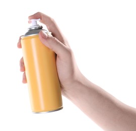 Photo of Man with can of spray paint on white background, closeup