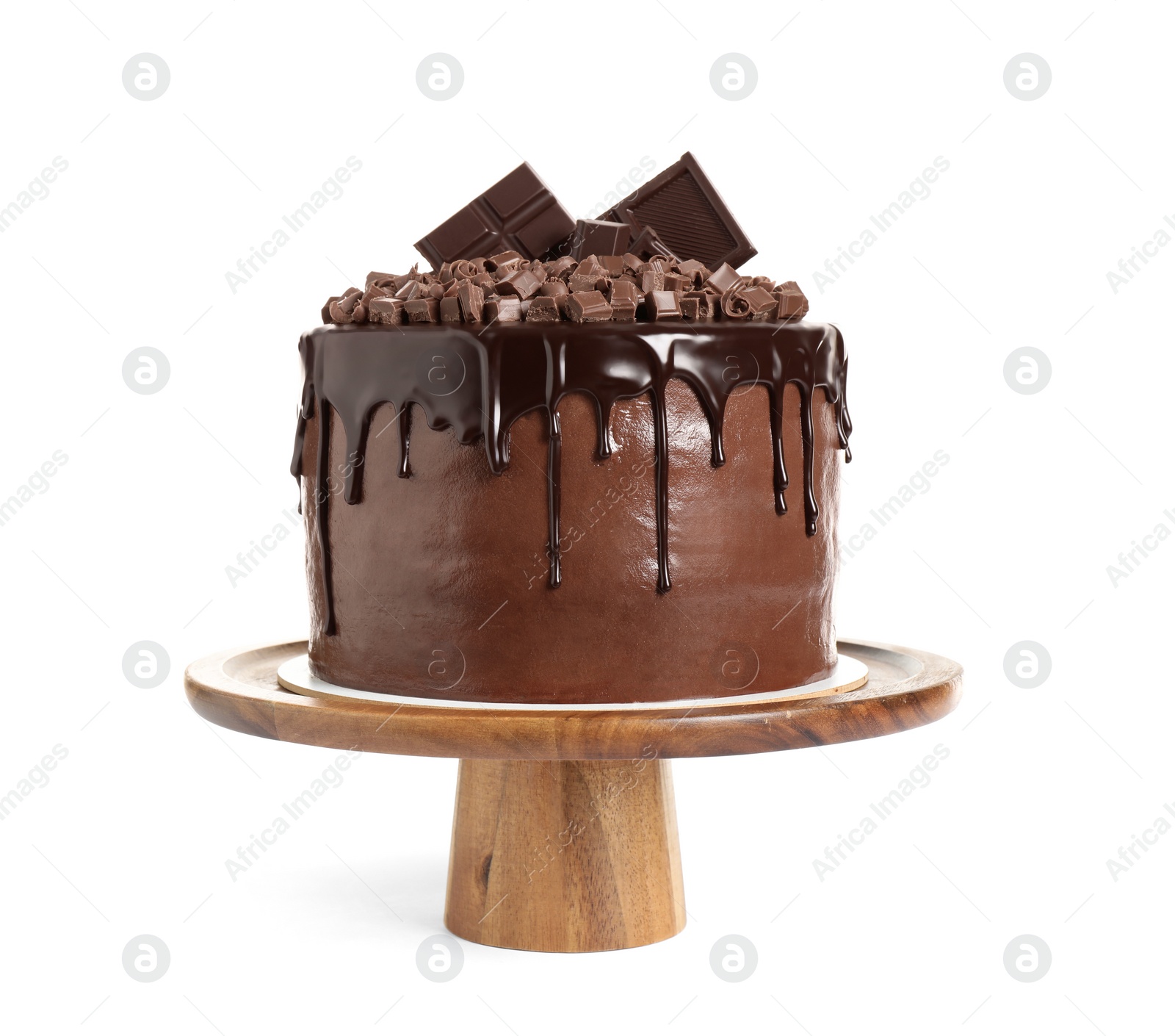 Photo of Freshly made delicious chocolate cake on white background