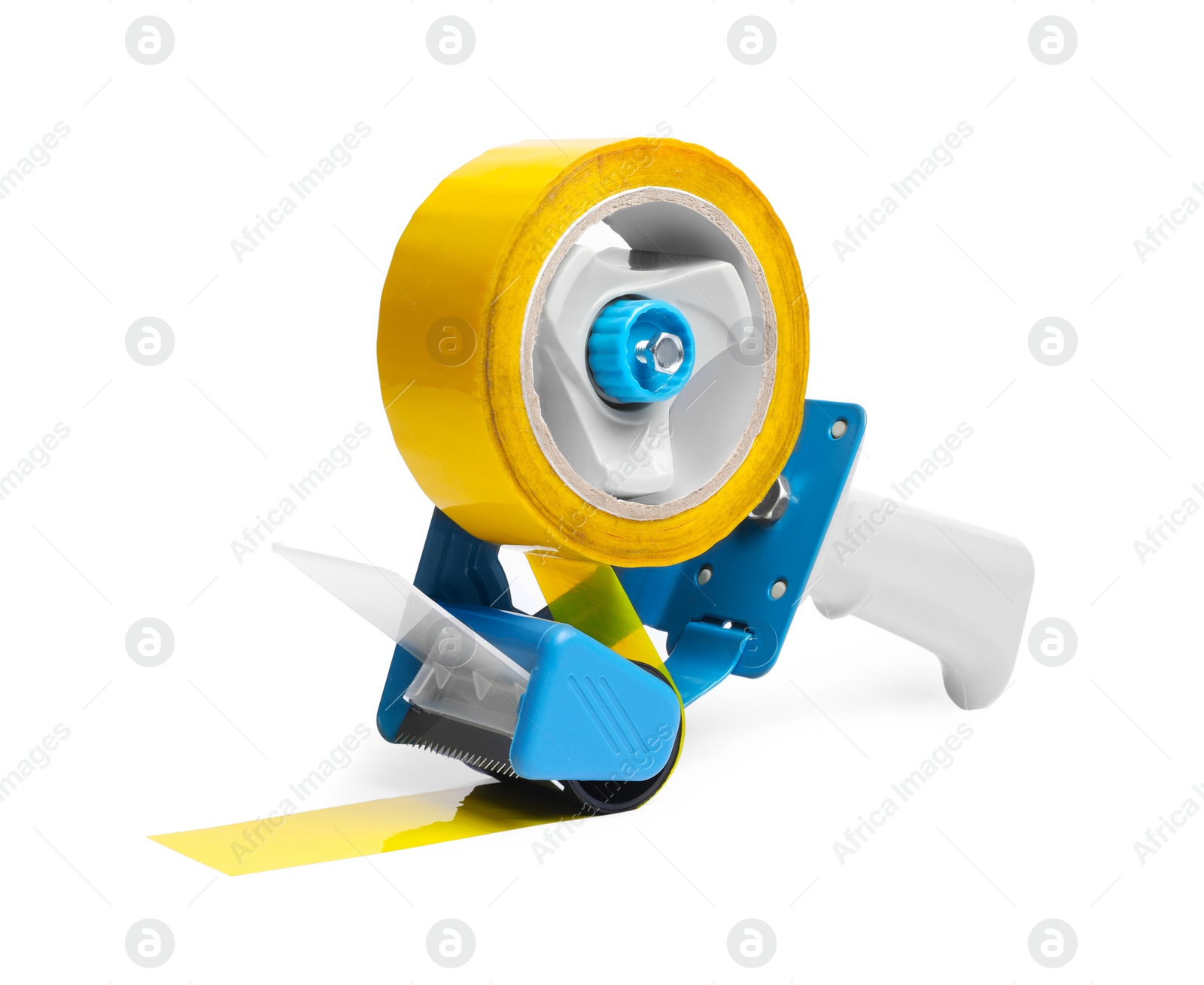 Photo of Handheld dispenser with roll of adhesive tape isolated on white