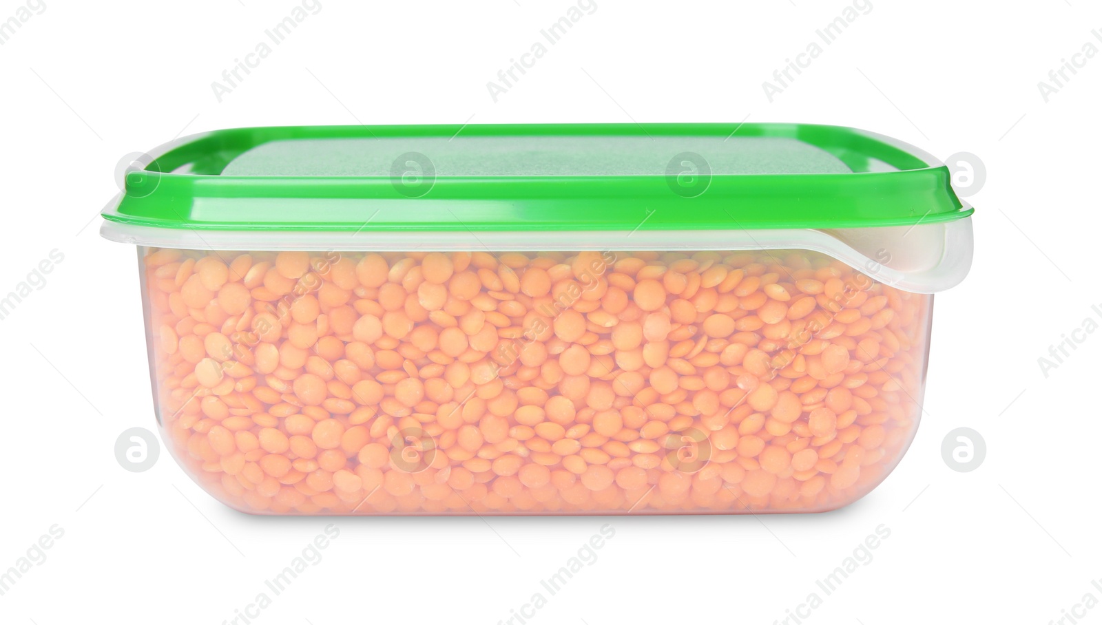 Photo of Plastic container filled with red lentils isolated on white