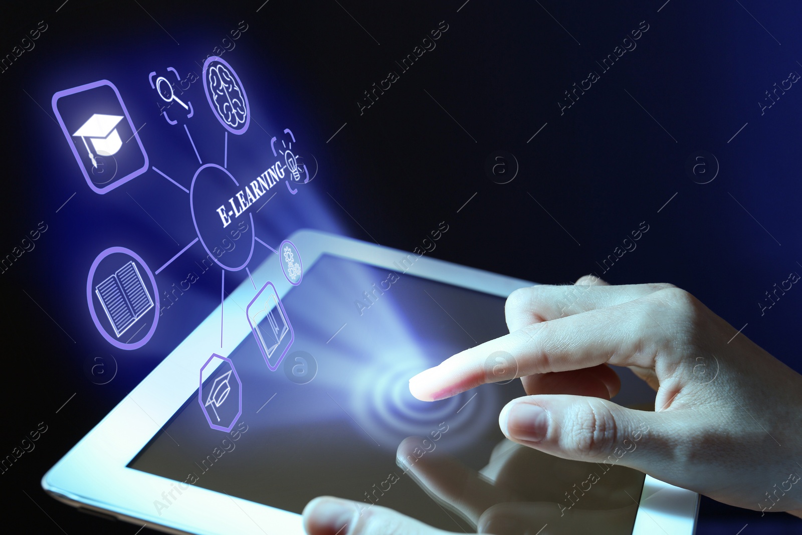 Image of E-learning. Woman using tablet on dark background, closeup. Illustration of scheme with different icons