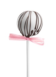 Image of Tasty cake pop with chocolate on white background, closeup