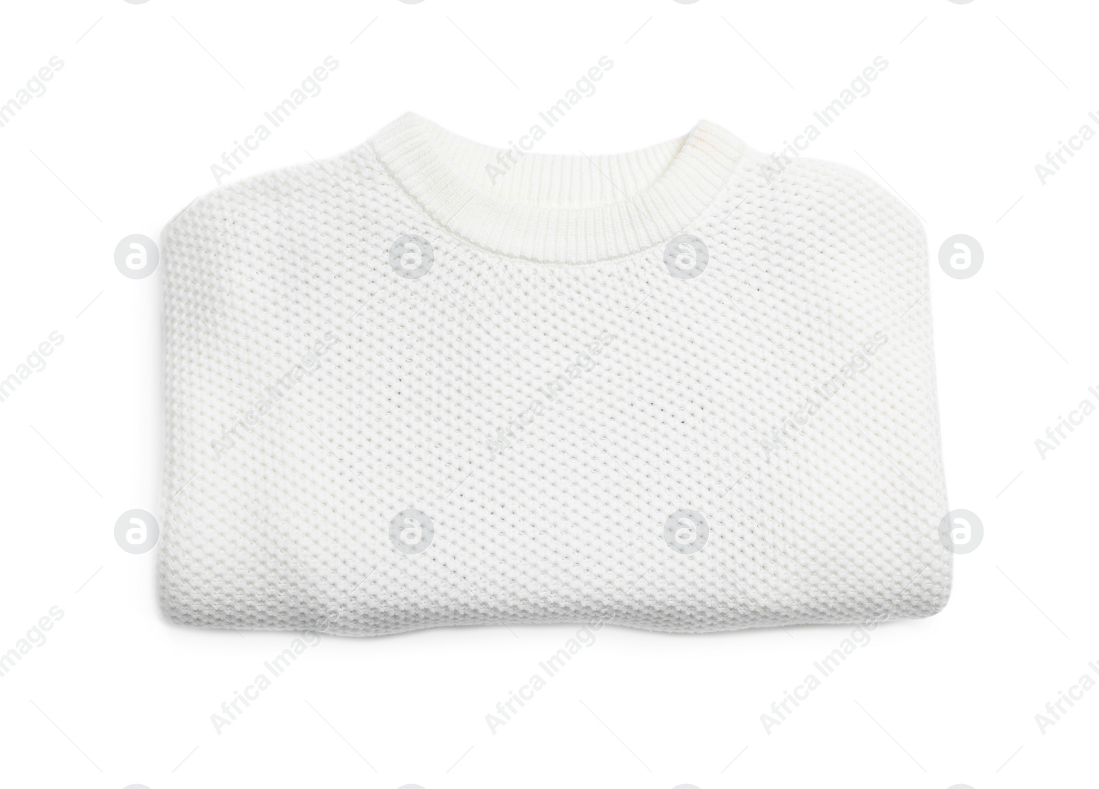 Photo of Folded knitted sweater on white background, top view