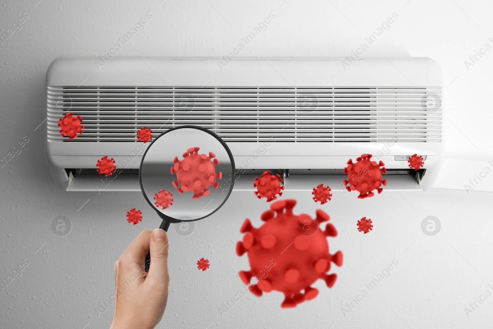 Image of Spreading of viruses. Woman with magnifying glass and contaminated air conditioner on white wall indoors