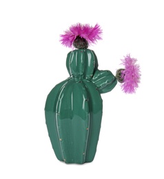 Photo of Trendy cactus shaped ceramic vase with flowers on white background