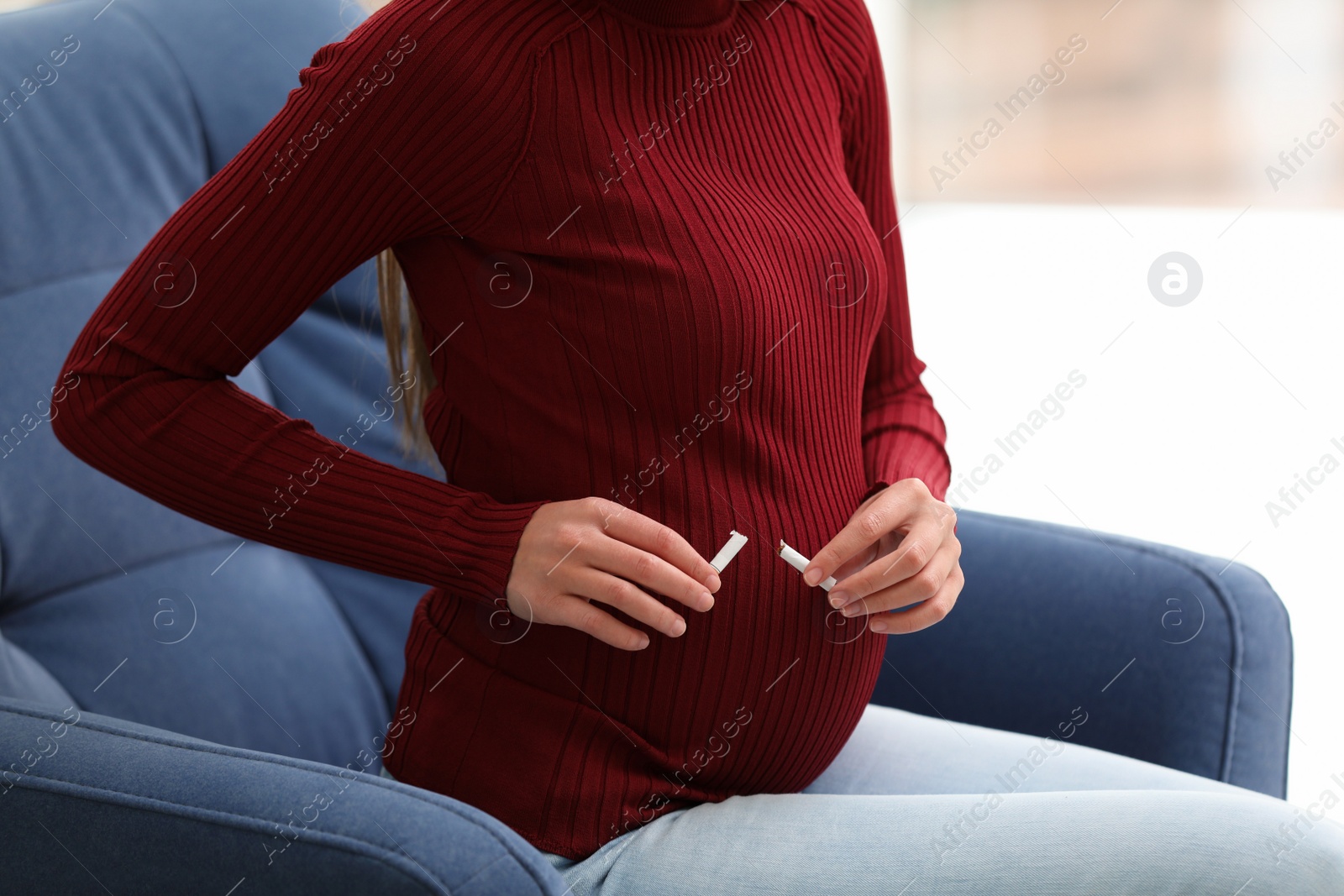 Photo of Young pregnant woman breaking cigarette at home, closeup. Harm to unborn baby