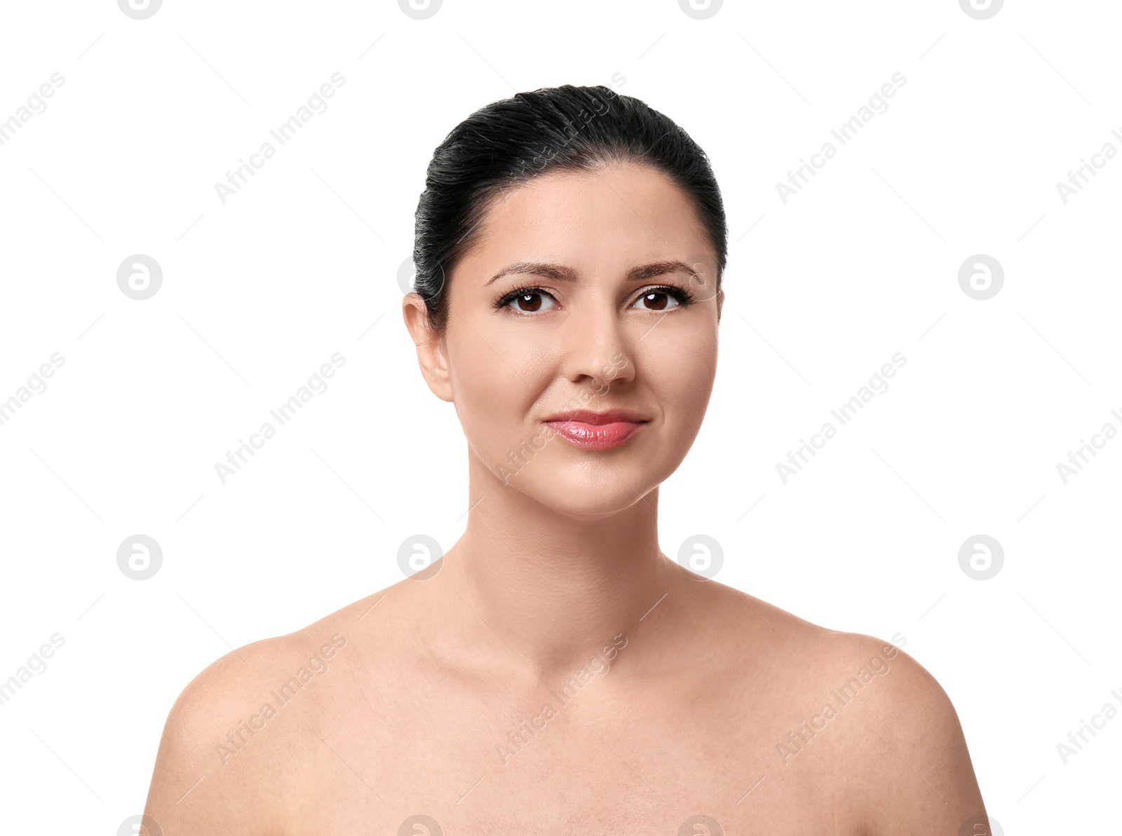 Photo of Beautiful woman with clean perfect skin on white background