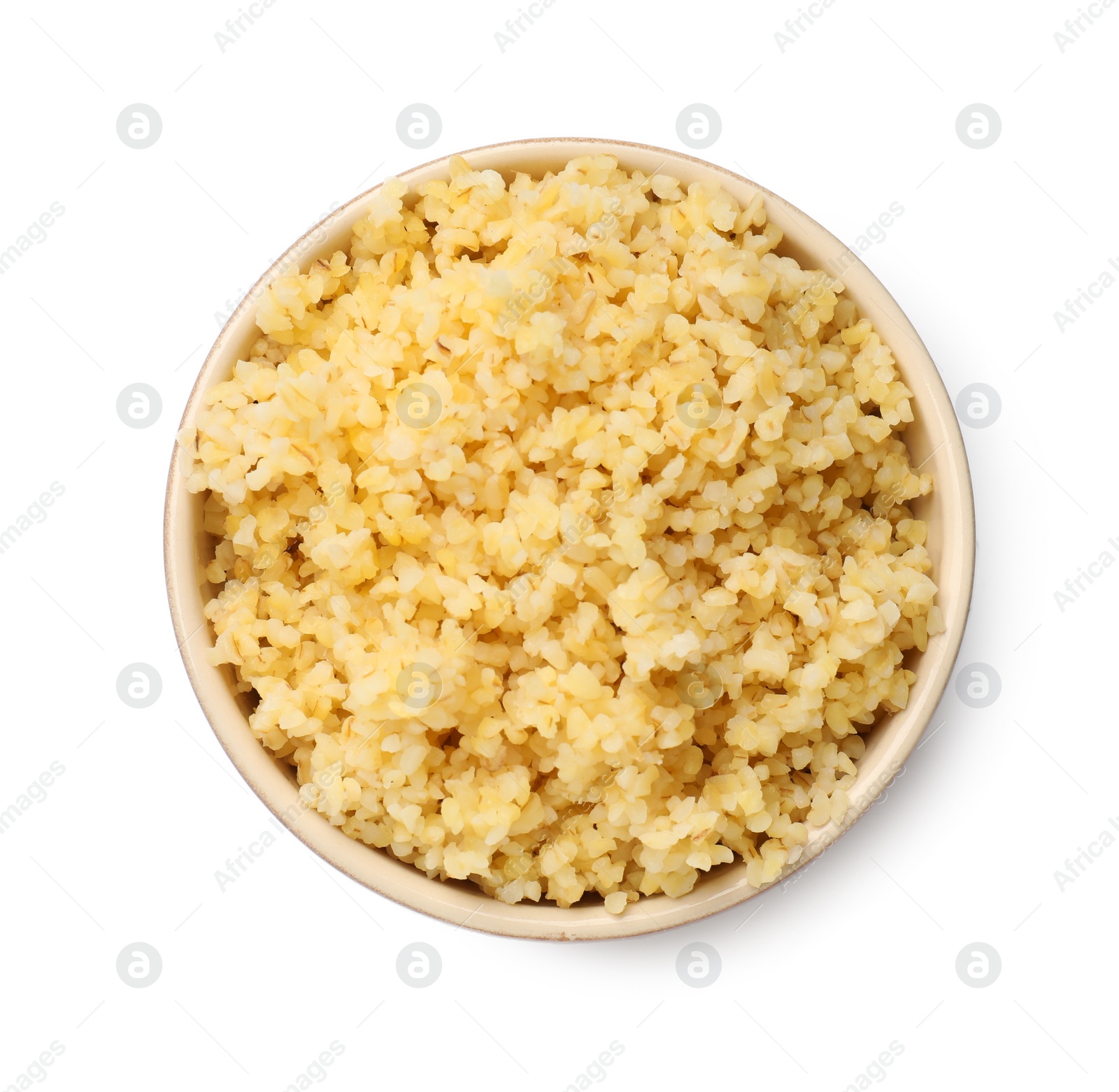 Photo of Delicious bulgur in bowl isolated on white, top view