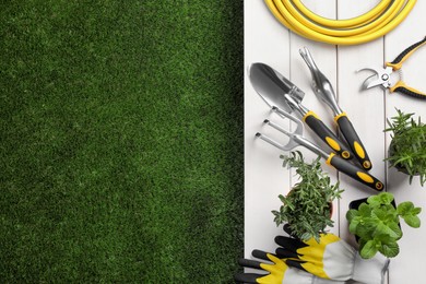 Different gardening tools and plants on green grass, flat lay. Space for text