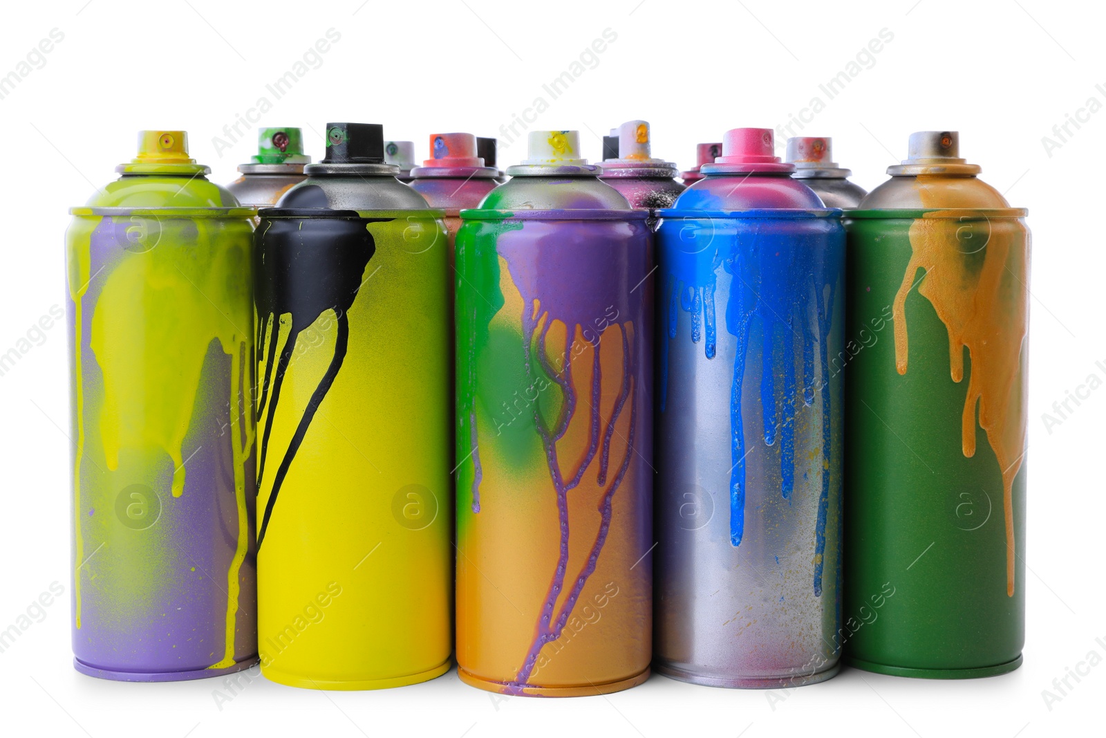 Photo of Used cans of spray paints on white background. Graffiti supplies