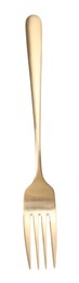 Photo of One shiny golden fork isolated on white, top view