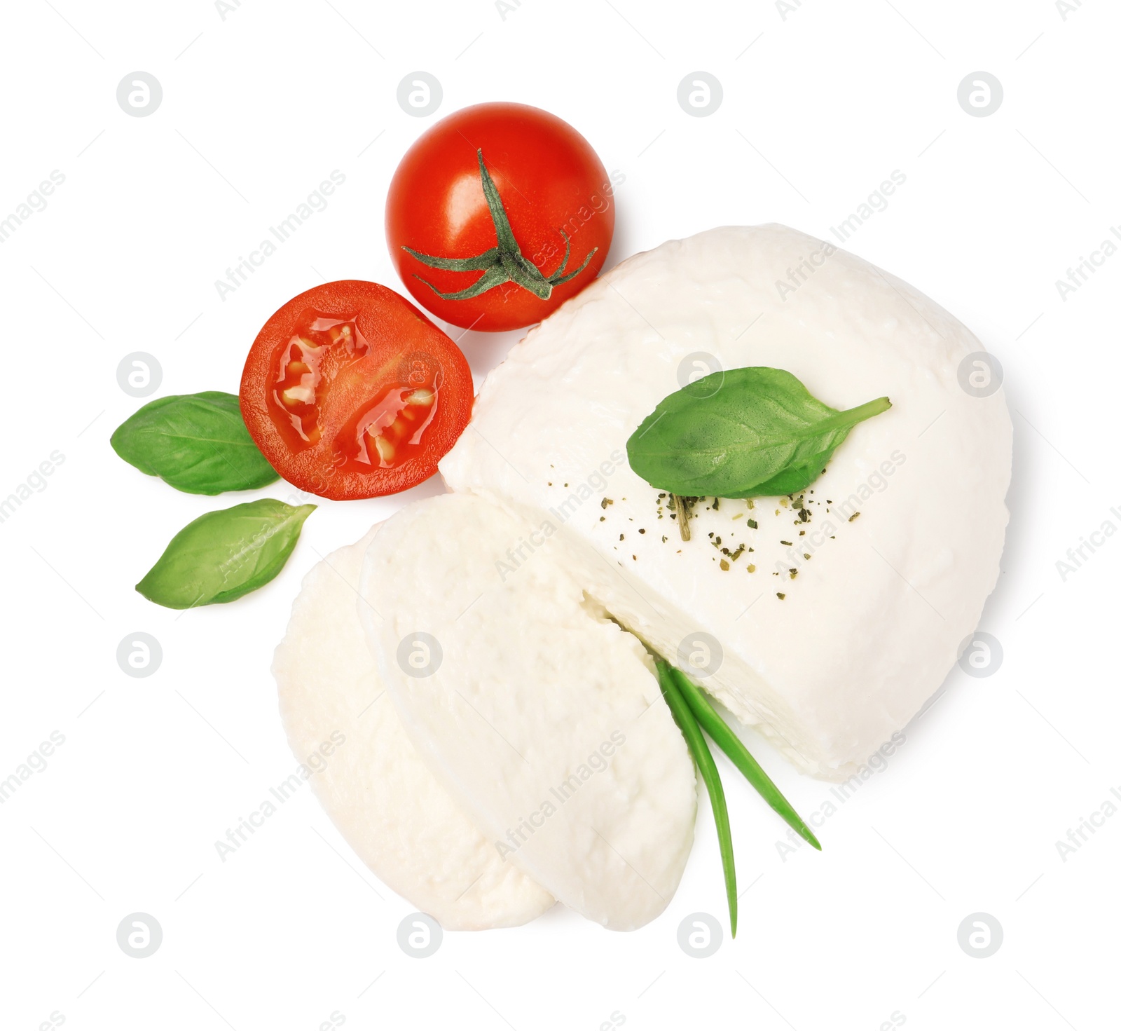 Photo of Delicious mozzarella with tomatoes and basil leaves on white background, top view