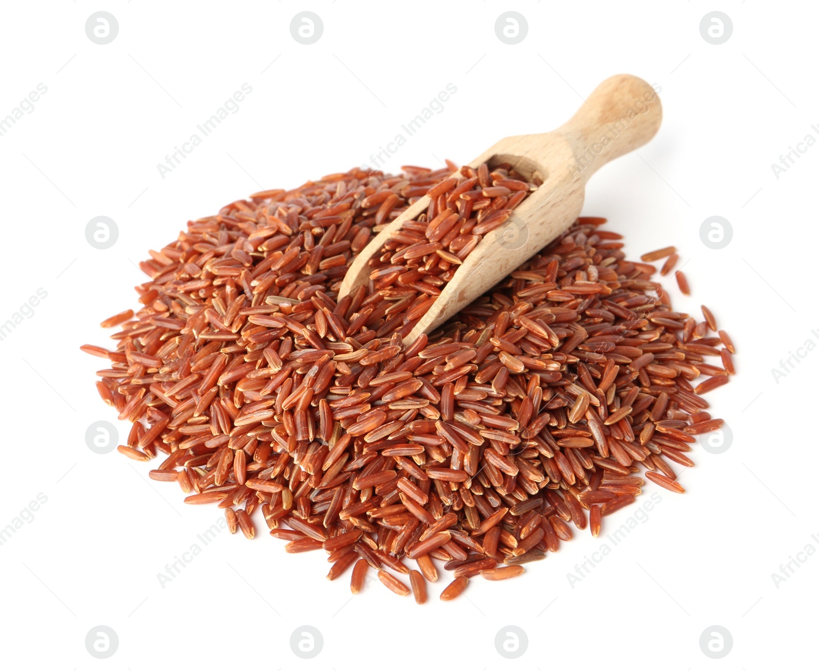 Photo of Scoop and uncooked brown rice on white background