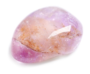 Photo of Beautiful light purple ametryn gemstone on white background