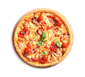 Photo of Delicious pizza with tomatoes and sausages on white background